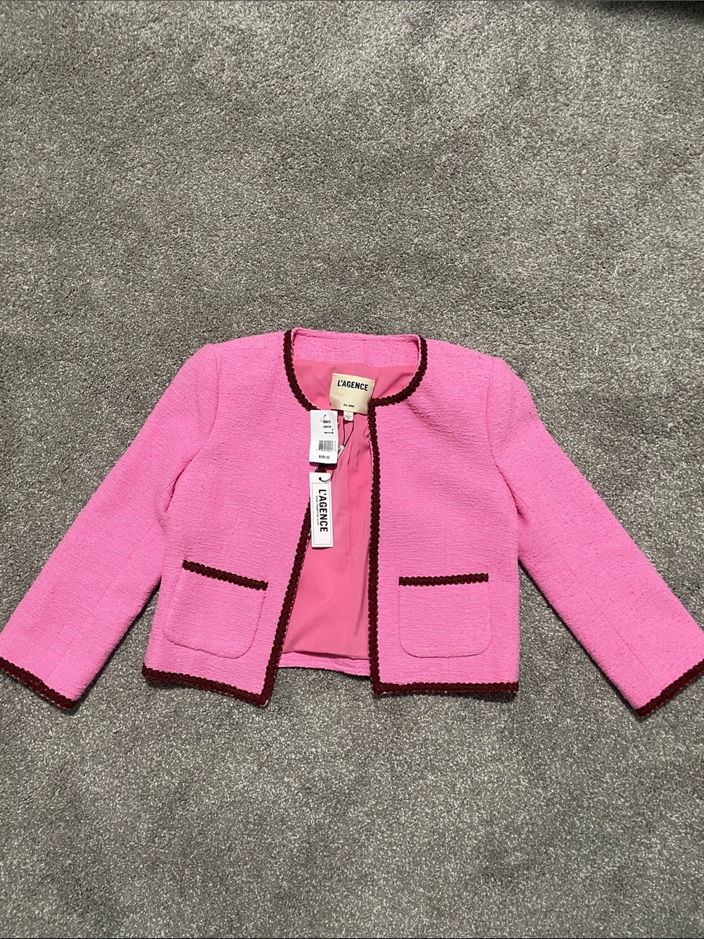L'AGENCE Girls' Pink Jacket with Burgundy Trim
